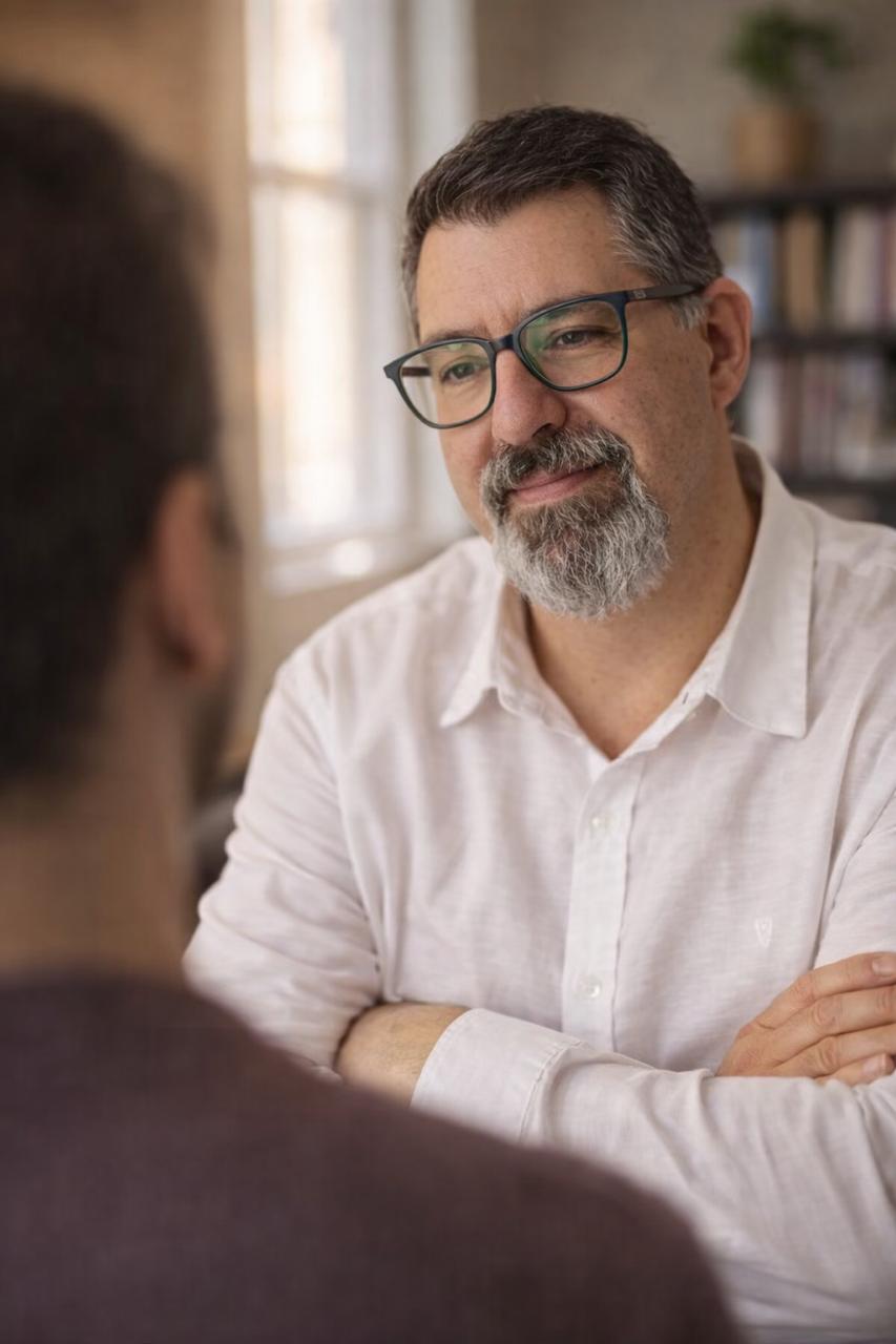 Dr. José Eduardo em atendimento, ouvindo um paciente com atenção